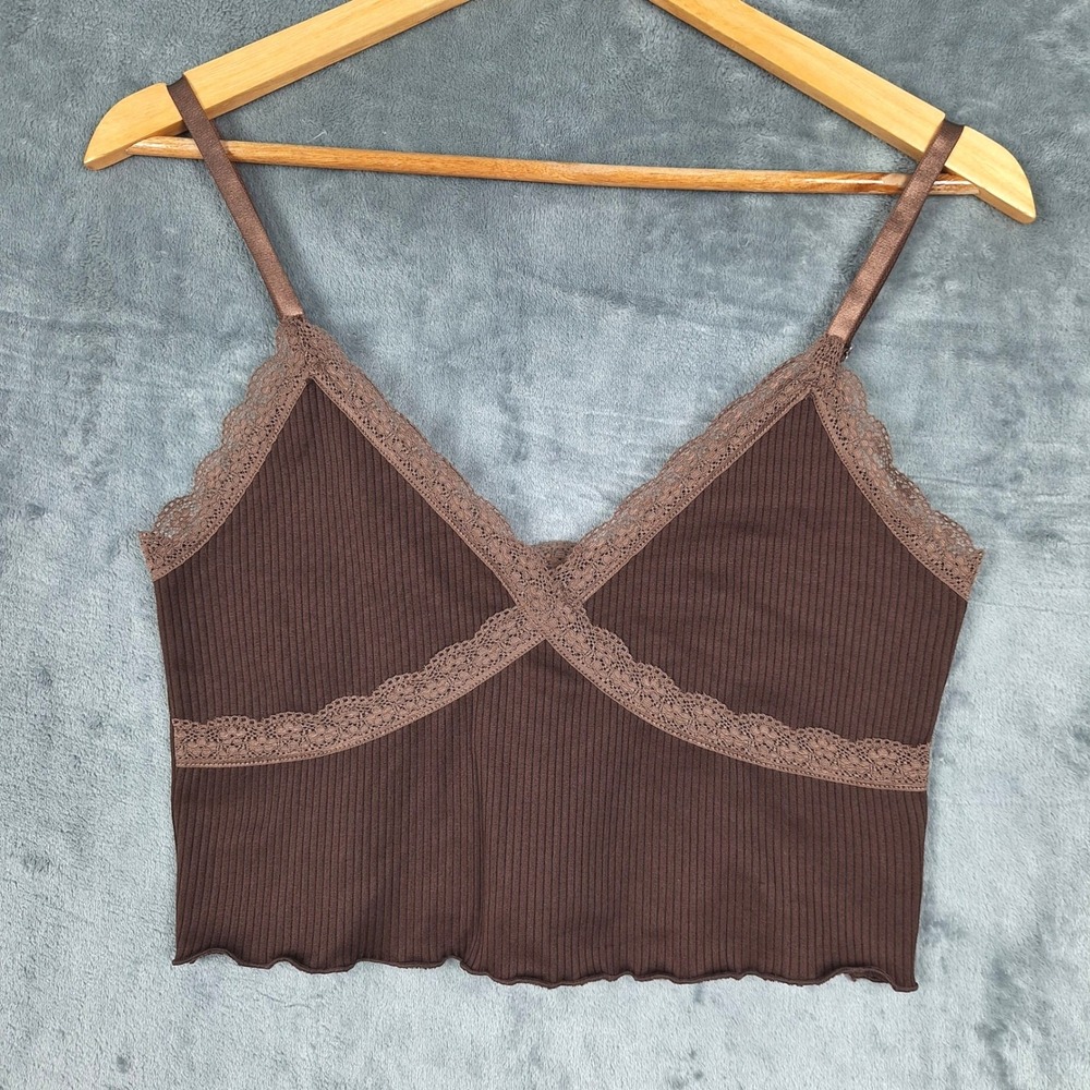 Womens Top Medium Brown Babydoll Y2K Forest Fairy Goblincore Coquette Crop Lace